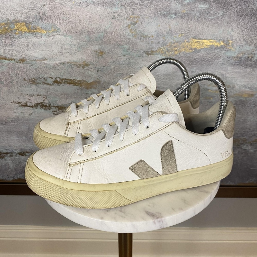 Veja White Leather Sneakers with Light Taupe Suede V Logo